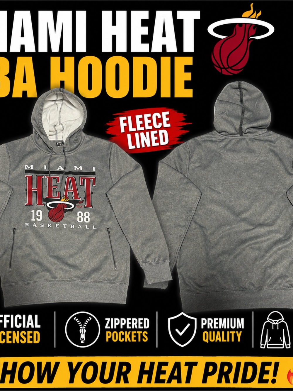 NBA Miami Heat Gray Red Fleece-Lined Pullover Hoodie
